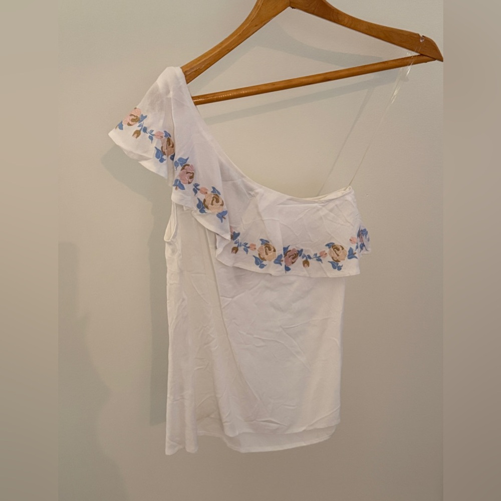Blue Rain White Floral One-Shoulder Top